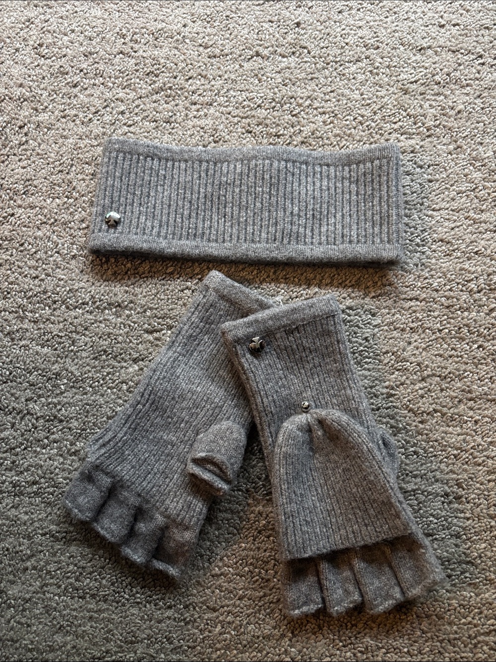 kate spade Gray Knit Convertible Fingerless Gloves with Matching Headband